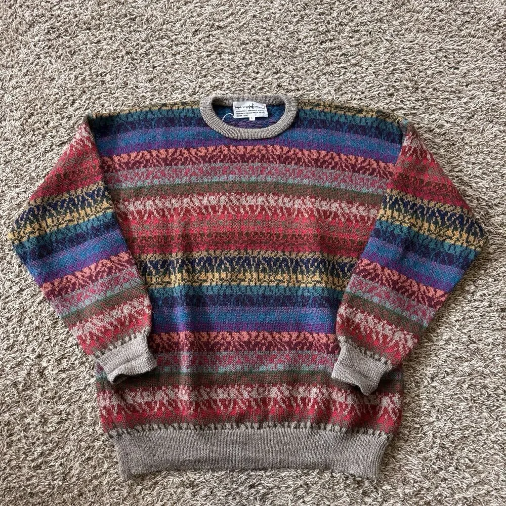 Peruvian Connection Alpaca Grandpa Sweater Colorful Geometric Pattern Crew Lg